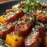 Delicious Honey Garlic Beef Sausage on a grill with fresh herbs.