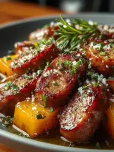 Honey Garlic Beef Sausage 4 Delicious Honey Garlic Beef Sausage on a grill with fresh herbs.