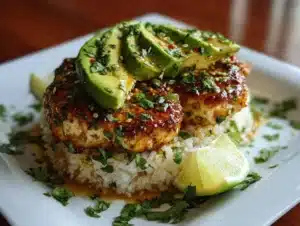 Honey Lime Chicken Avocado 4 Plate of honey lime chicken served with avocado slices and garnished with cilantro.