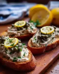 Lemon Caper Sardine Pâté Crostini served on a platter with fresh herbs