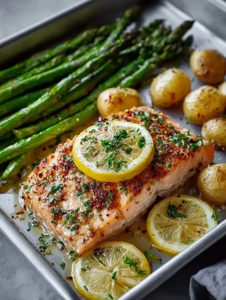 Delicious lemon garlic butter salmon served on a plate with garnishes.