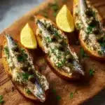 Lemon-garlic sardine toasts topped with fresh herbs and lemon zest