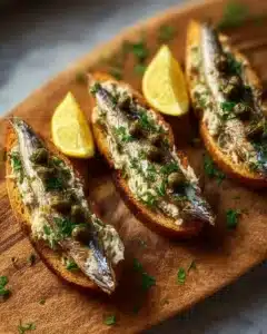 Lemon-Garlic Sardine Toasts 5 Lemon-garlic sardine toasts topped with fresh herbs and lemon zest