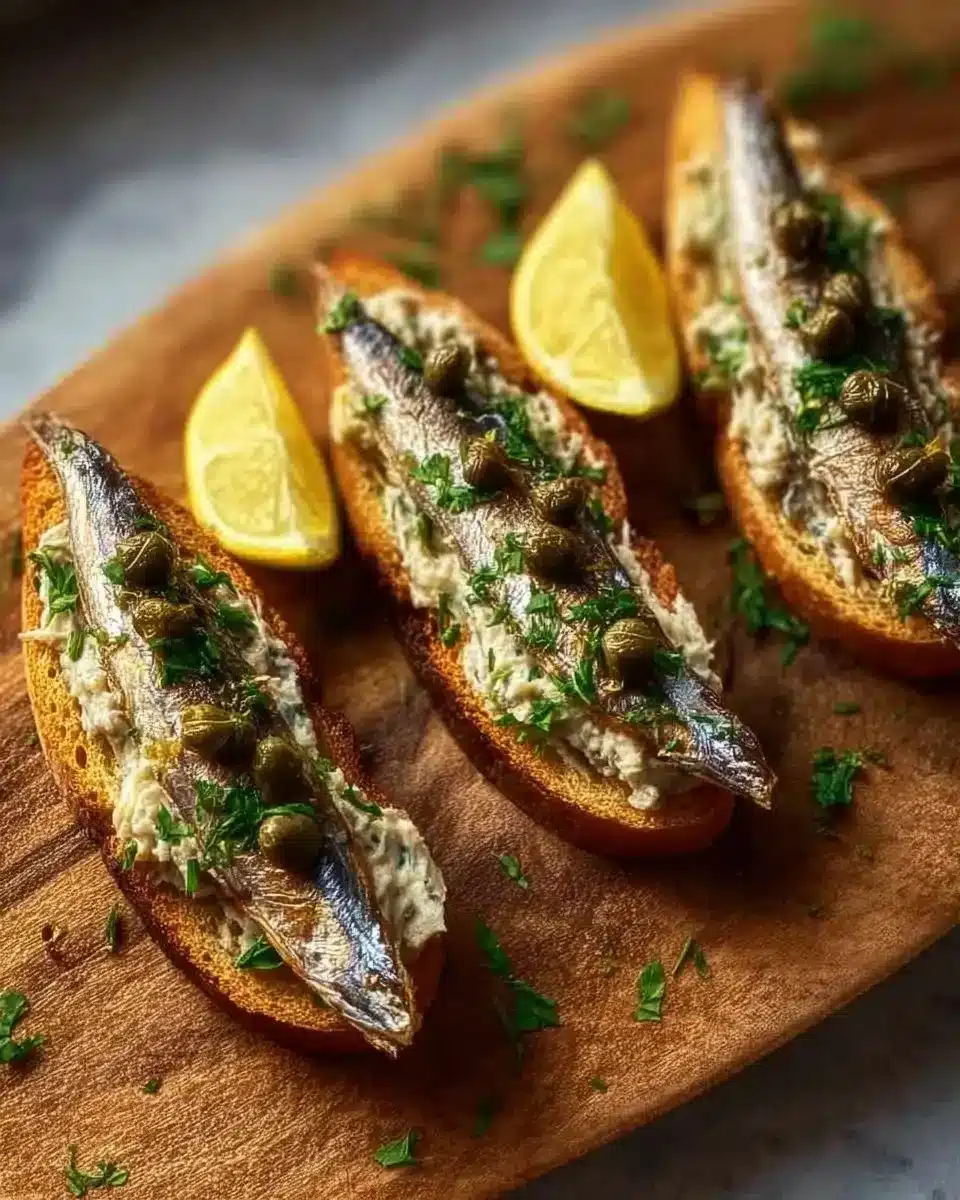 Lemon-garlic sardine toasts topped with fresh herbs and lemon zest