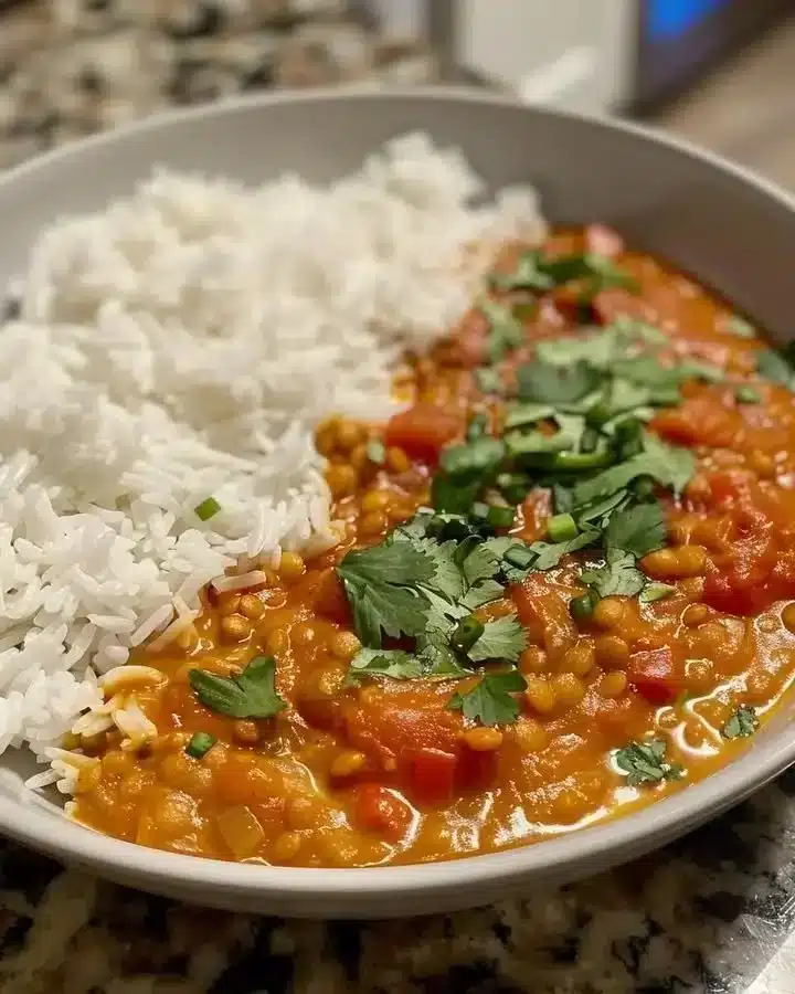 Bowl of flavorful Lentil Coconut Dahl topped with herbs and spices