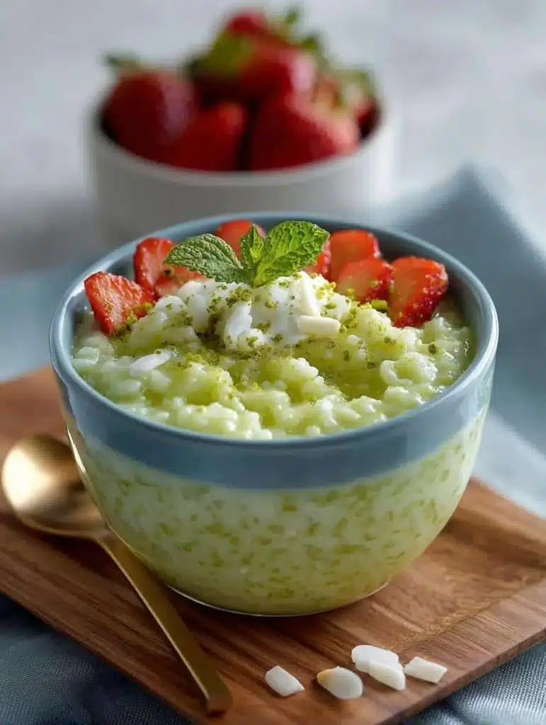 Bowl of matcha rice pudding topped with fresh fruit and a sprinkle of matcha powder