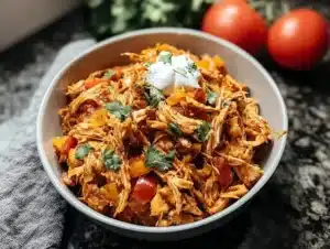 Delicious Mexican pulled chicken recipe served in a tortilla with fresh toppings