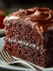 Moist Chocolate Mayonnaise Cake 4 Moist chocolate mayonnaise cake slice with rich frosting on a plate