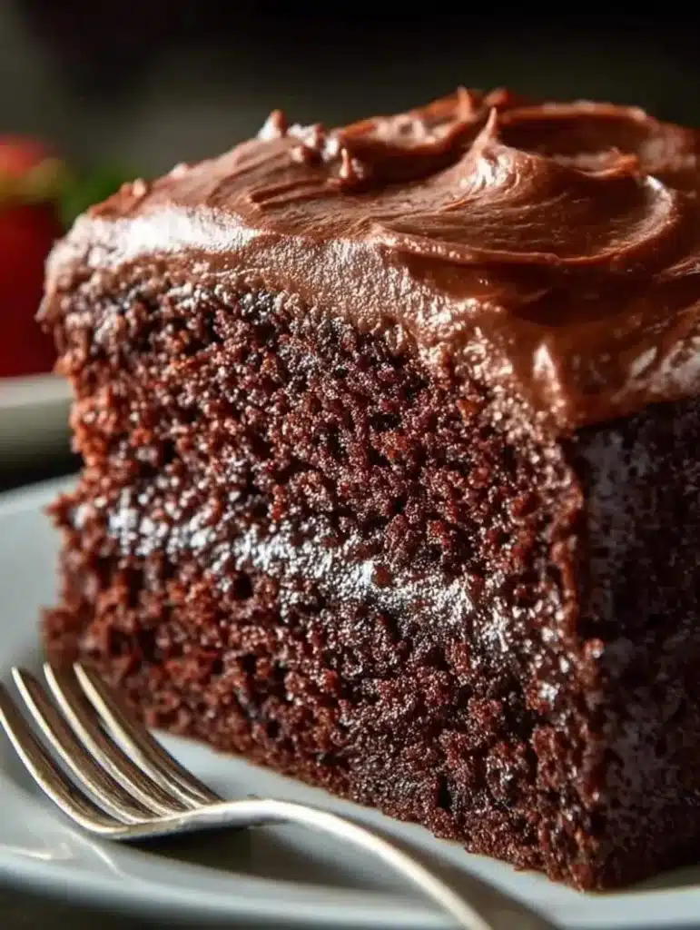 Moist chocolate mayonnaise cake slice with rich frosting on a plate