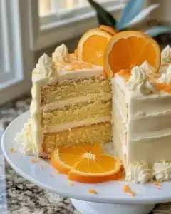 Delicious slice of Orange Dreamsicle Cake with orange and cream frosting.