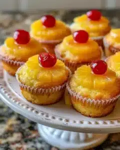 Pineapple Upside-Down Cupcakes with cherry topping on a white plate