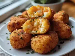 Plate of crispy Portuguese shrimp croquettes served with dipping sauce
