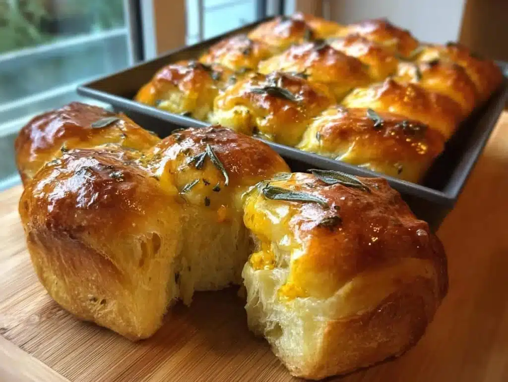 Fluffy and golden Pumpkin Pull Apart Rolls fresh out of the oven.