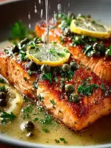 Delicious Salmon Piccata with lemon and capers served on a plate