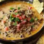 Bowl of creamy sausage cheese dip with tortilla chips