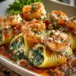 Shrimp spinach stuffed pasta ready to be served in a bowl.