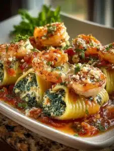 Shrimp spinach stuffed pasta ready to be served in a bowl.
