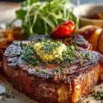 Sizzling Cowboy Butter Steak topped with rich, flavorful cowboy butter.