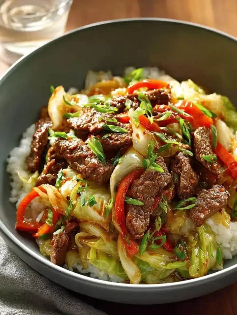 Skillet beef cabbage stir-fry served with colorful vegetables in a pan