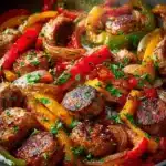 Spicy sausage pepper skillet with vibrant vegetables and herbs