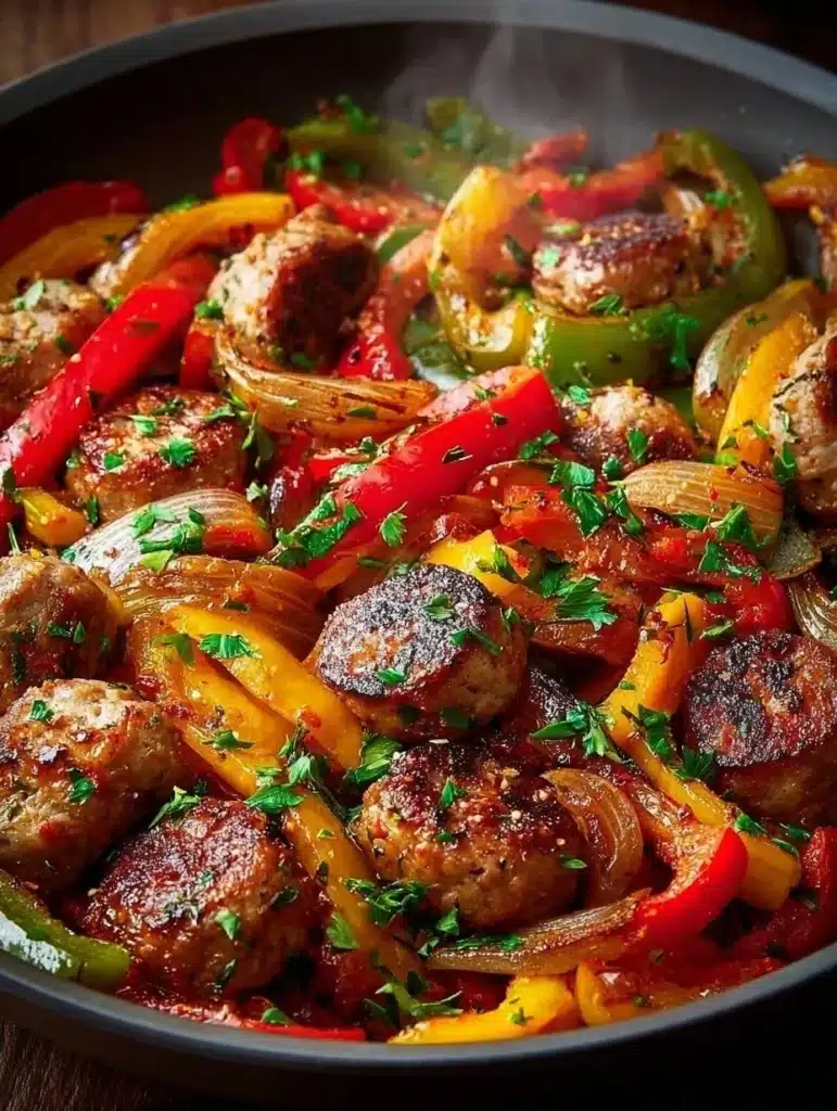 Spicy sausage pepper skillet with vibrant vegetables and herbs