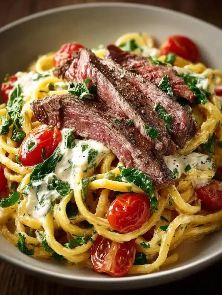 Plate of creamy Steak Boursin Pasta garnished with herbs and grilled steak slices
