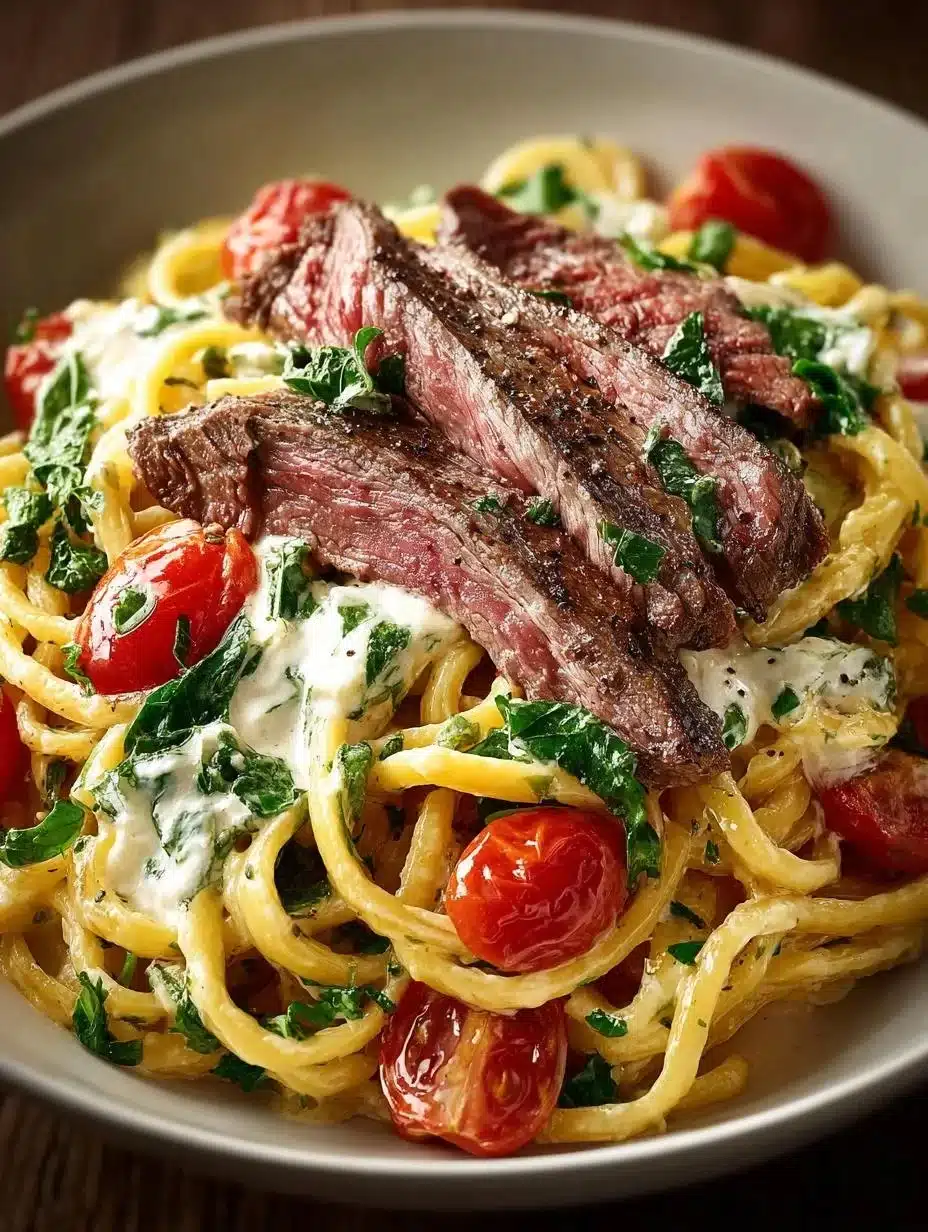 Steak Boursin Pasta 1 Plate of creamy Steak Boursin Pasta garnished with herbs and grilled steak slices