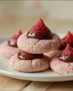 Delicious strawberry kiss cookies with a gooey chocolate center.