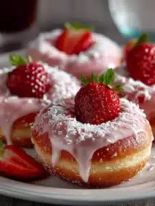 Delicious strawberry mochi donuts topped with a pink glaze and sprinkles