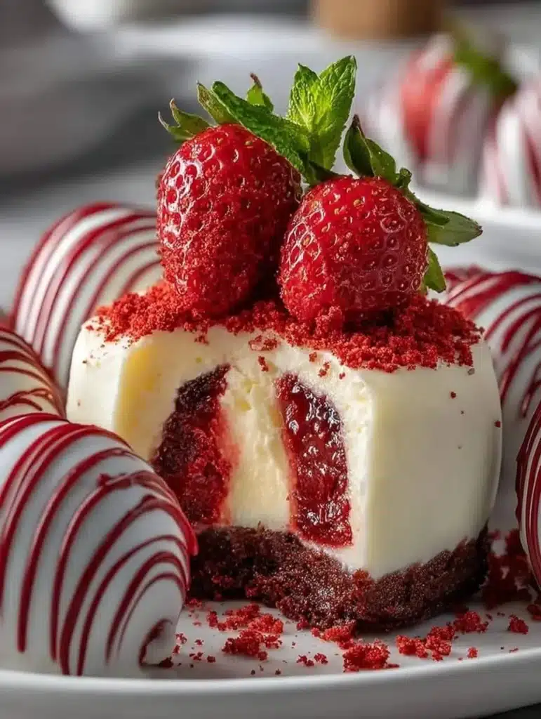 Decadent Strawberry Velvet Cheesecake Truffles with fresh strawberries and creamy texture.