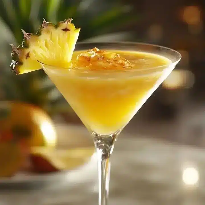 A vibrant Pineapple Fuzzy Navel cocktail garnished with pineapple slices.