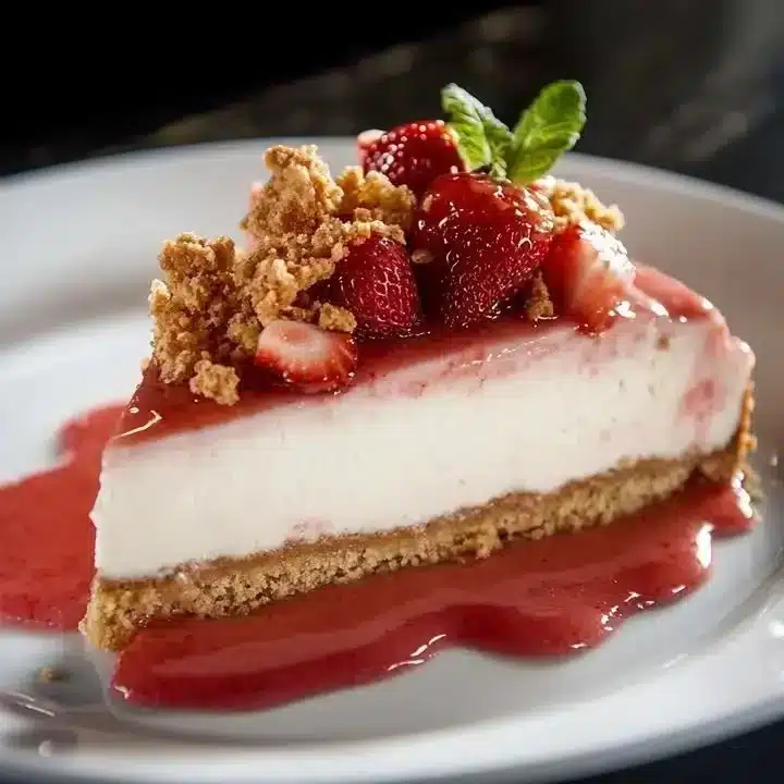 Delicious and creamy homemade strawberry cheesecake with fresh strawberries on top