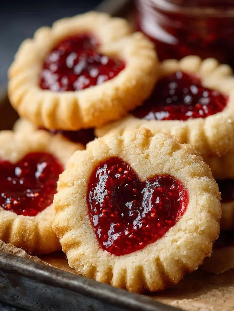 Baked Thumbprint Jam Cookies topped with vibrant fruit preserves