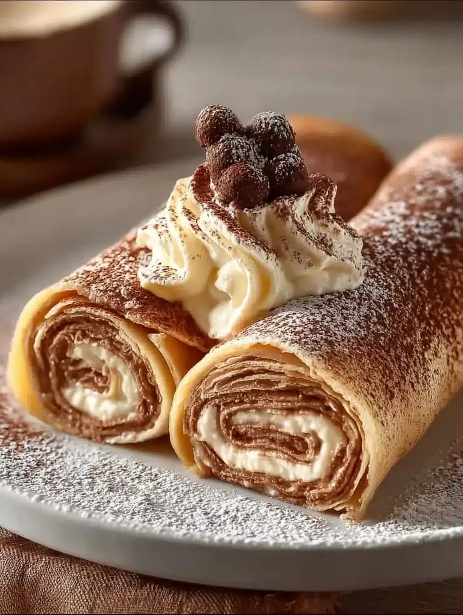 Tiramisu Crepe Rolls 1 Delicious tiramisu crepe rolls with mascarpone filling and cocoa sprinkle