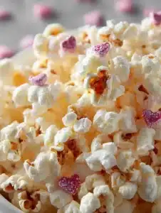 Valentine's white chocolate popcorn in a decorative bowl