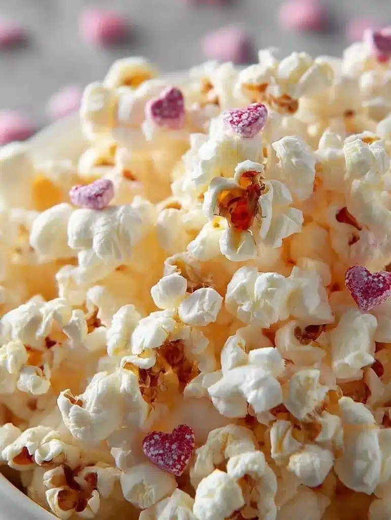 Valentine's white chocolate popcorn in a decorative bowl