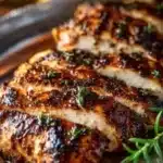 Balsamic baked chicken breast garnished with herbs and served on a plate.