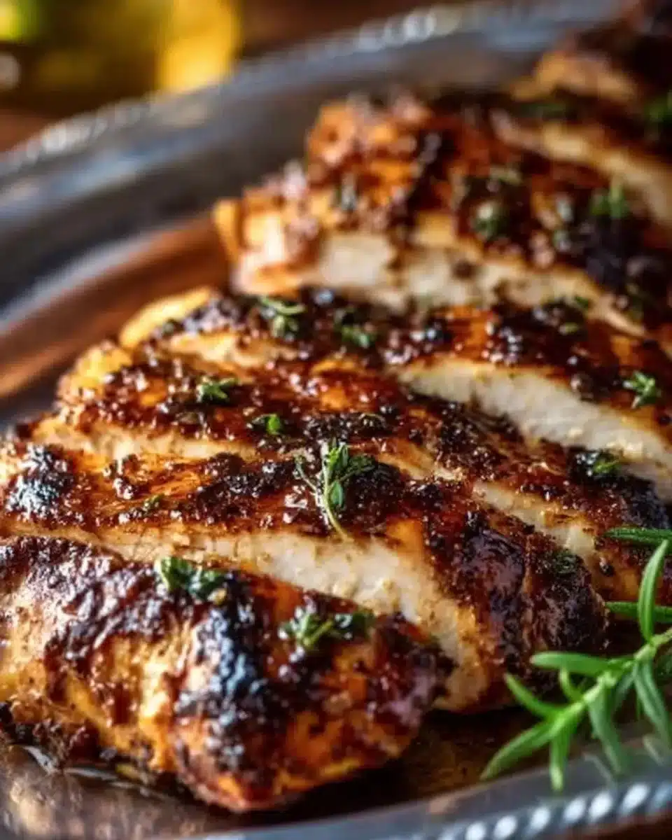 Balsamic Baked Chicken Breast Recipe 1 Balsamic baked chicken breast garnished with herbs and served on a plate.