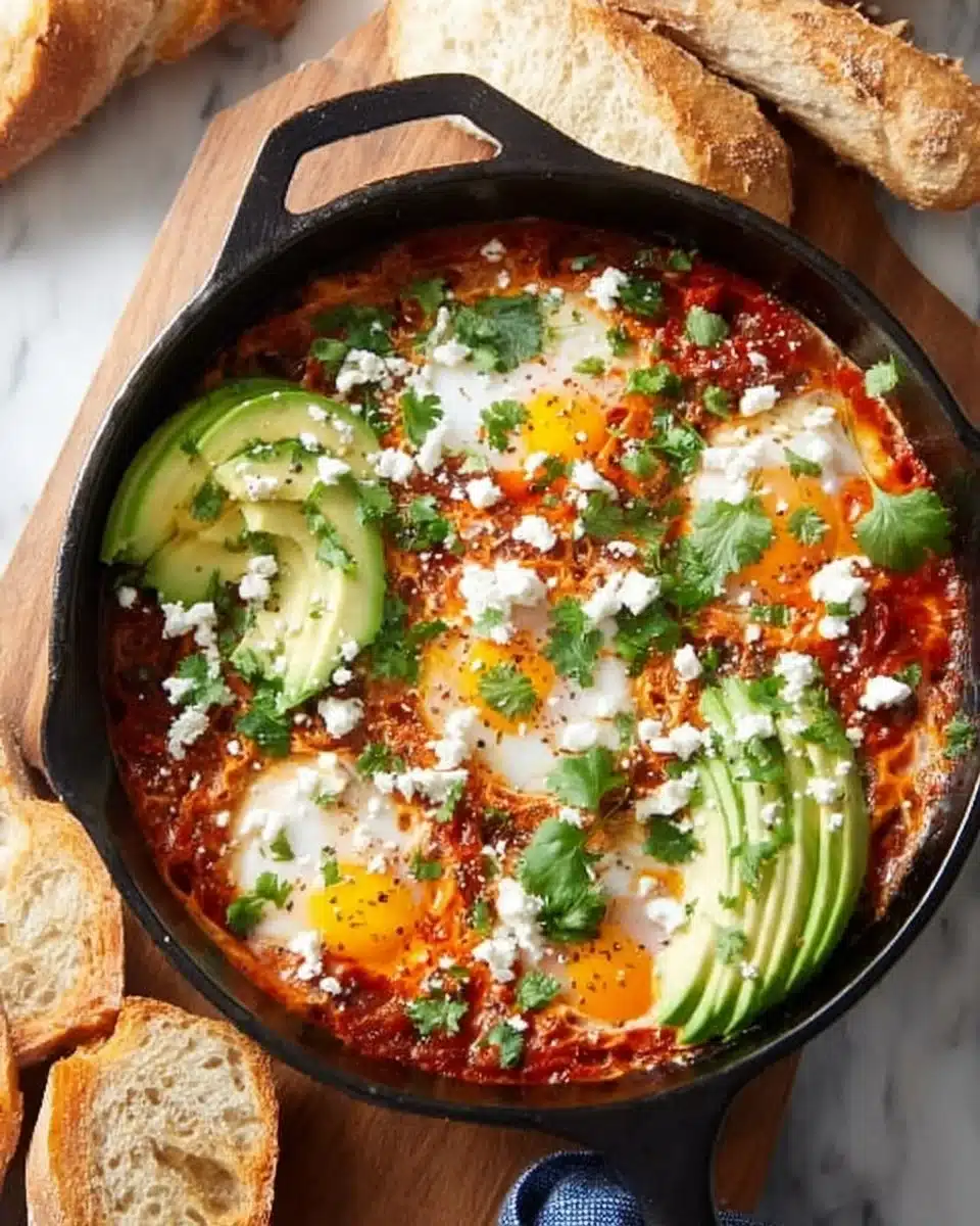 Delicious shakshuka served in a skillet with eggs and spices.