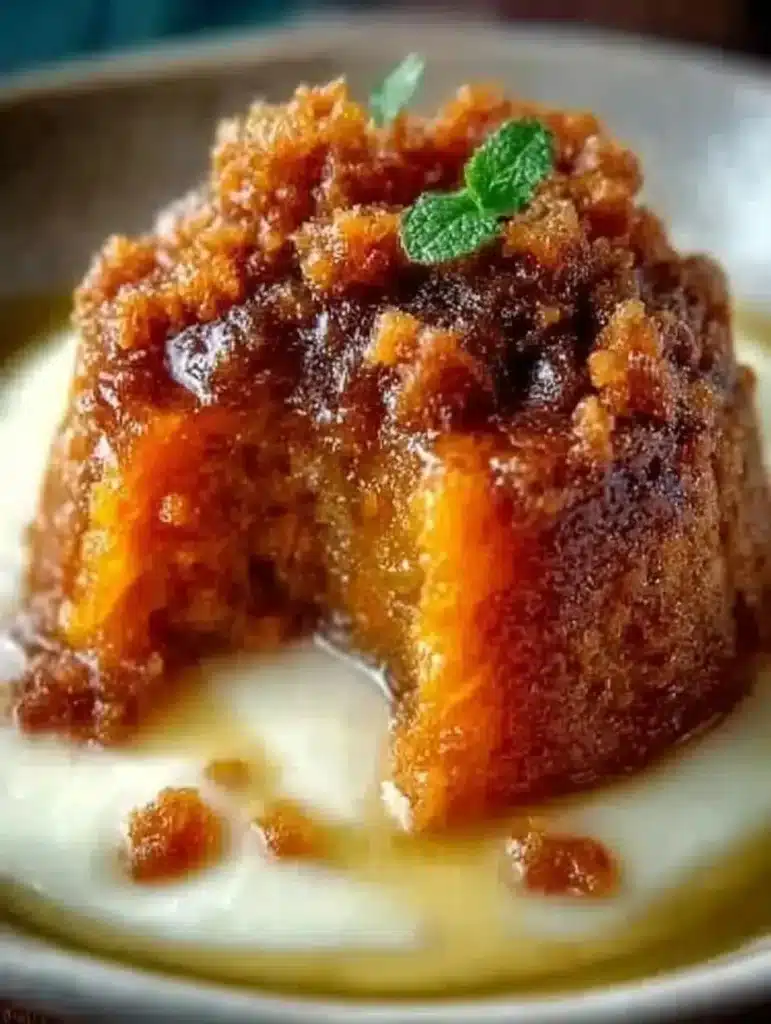 Delicious carrot pudding drizzled with rich brown sugar sauce on a plate.