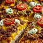 Cheeseburger pizza topped with ground beef, cheese, and pickles