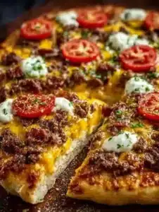 Cheeseburger Pizza 4 Cheeseburger pizza topped with ground beef, cheese, and pickles