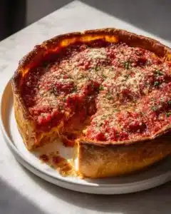 Chicago-Style Deep Dish Pizza with Italian Sausage 3 Delicious Chicago-style deep dish pizza with Italian sausage toppings.