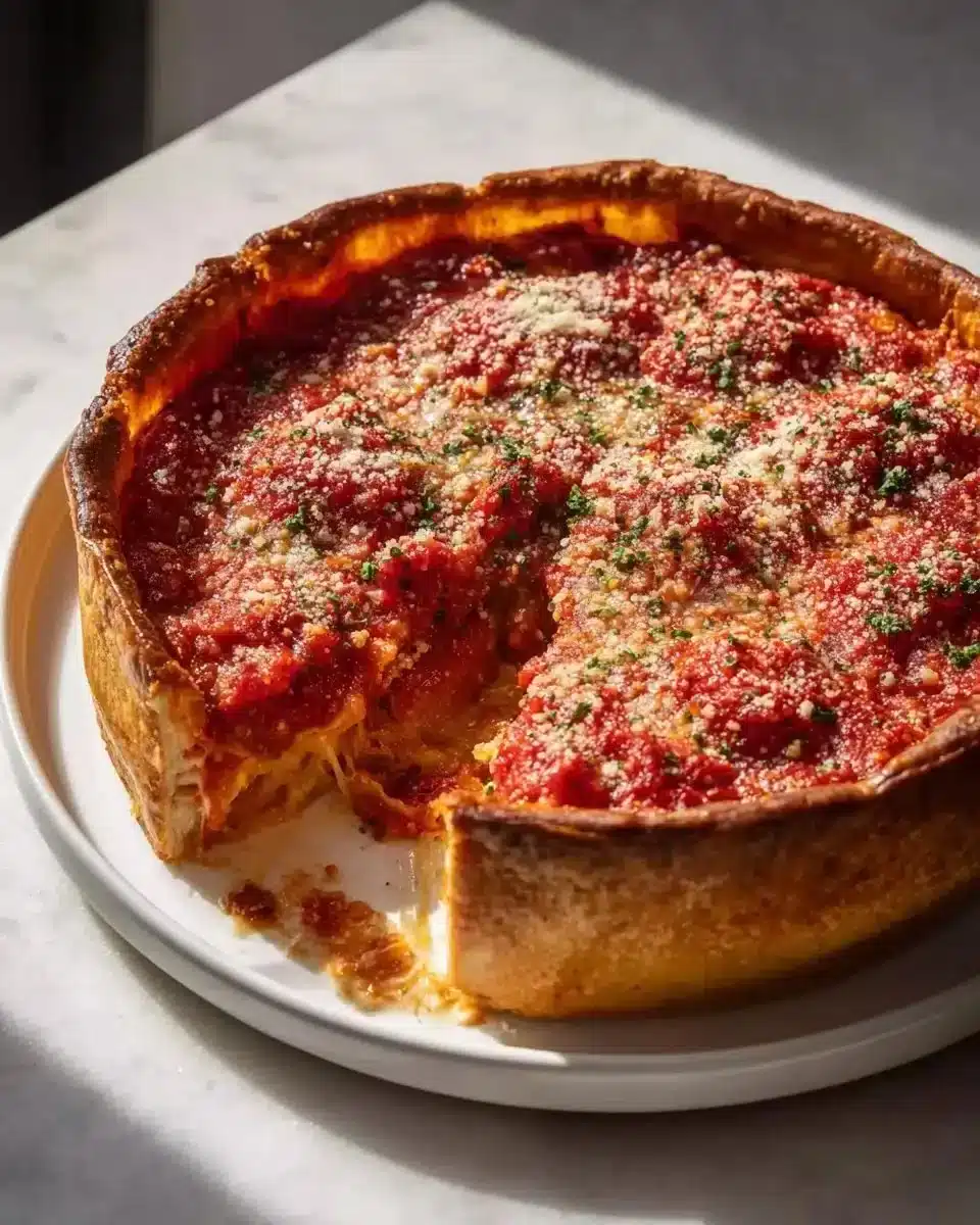 Delicious Chicago-style deep dish pizza with Italian sausage toppings.