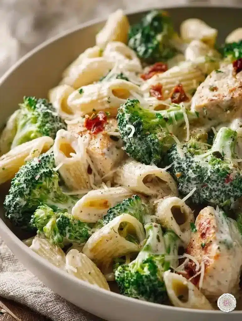 Creamy Chicken Broccoli Alfredo served in a bowl with fresh broccoli and pasta.