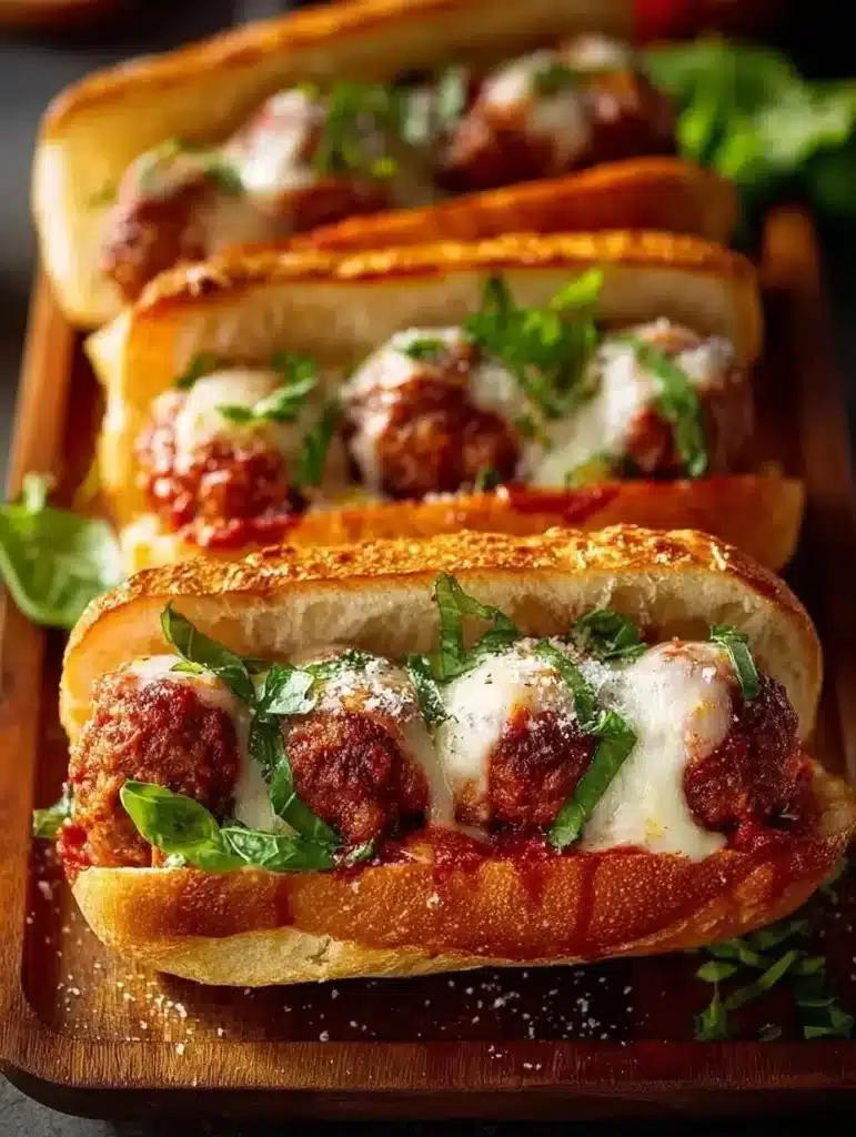 Delicious classic Italian meatball sub with marinara sauce and melted cheese