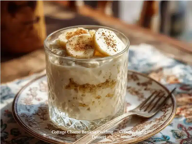 A bowl of creamy cottage cheese banana pudding topped with banana slices