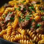Creamy garlic butter steak pasta dish served in a bowl.