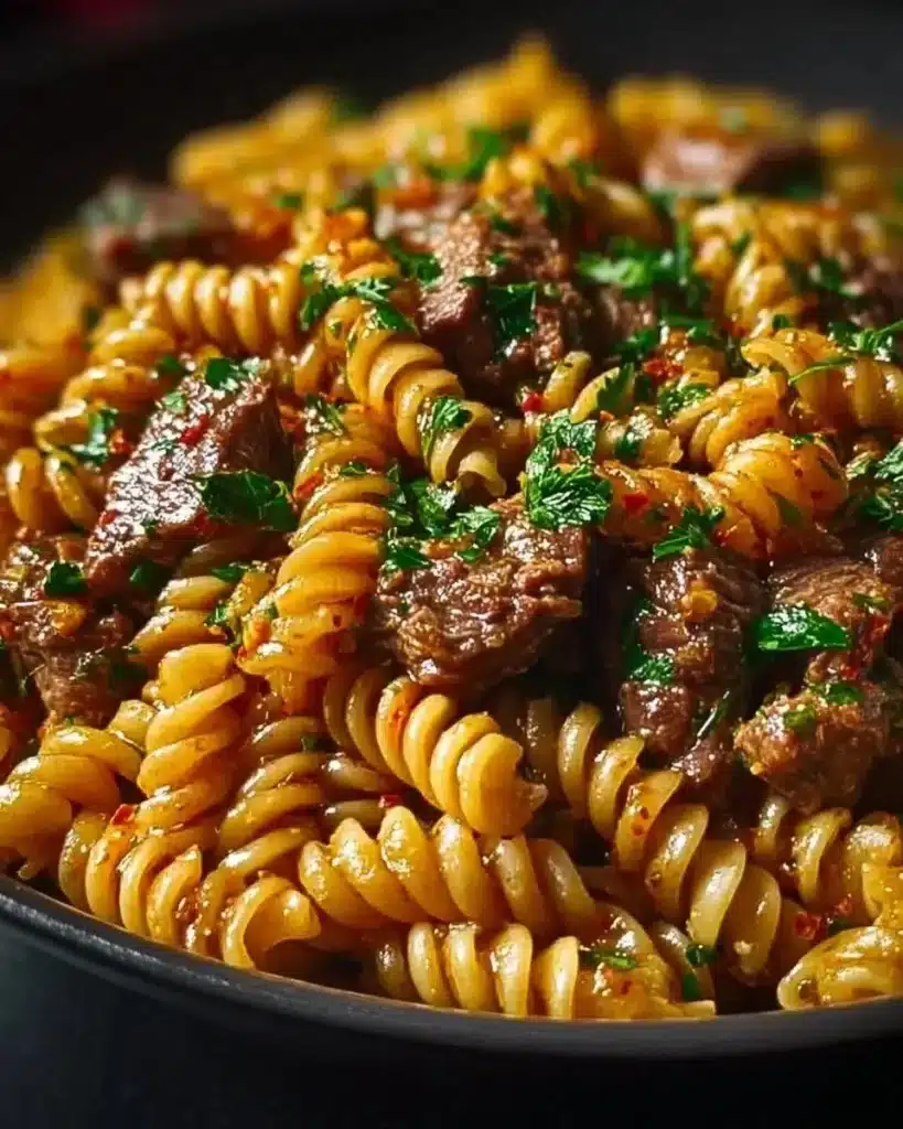 Creamy garlic butter steak pasta dish served in a bowl.
