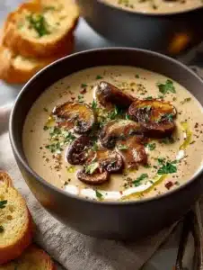 Creamy mushroom soup in a bowl with fresh herbs on top